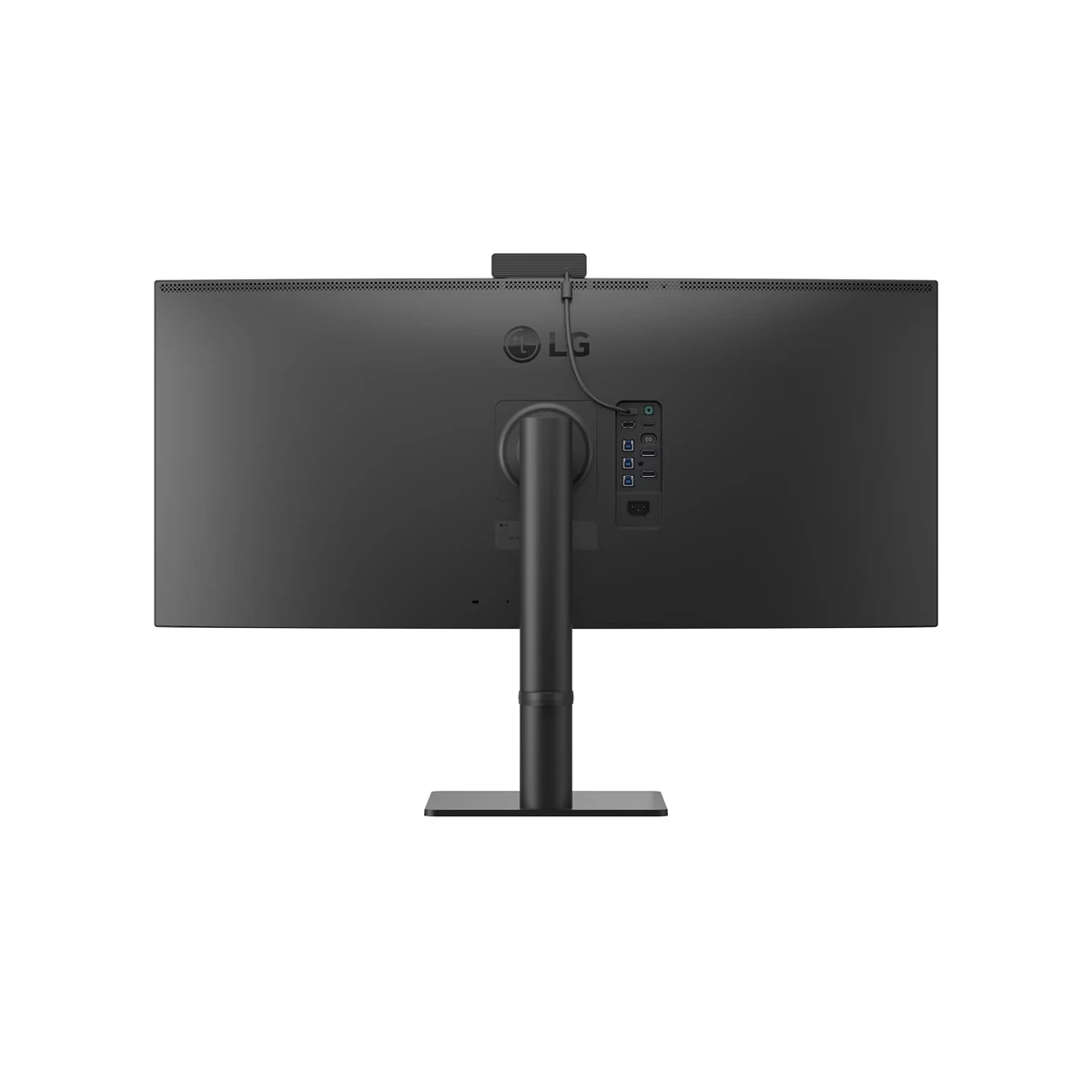 Back view of a black LG 40HT513D-B ultrawide computer monitor on a stand, showing the connection ports and a webcam mounted on the top edge.